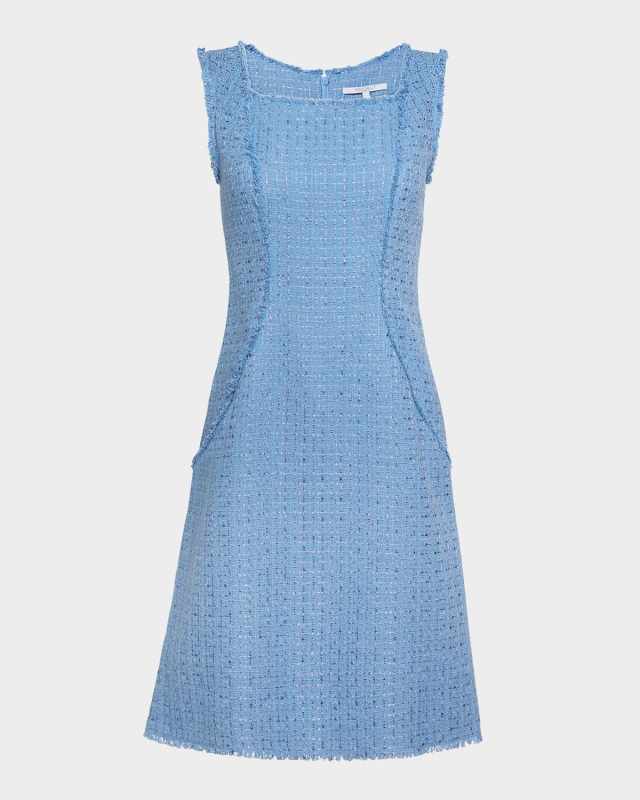 Sleeveless Fringe-Trim Shimmer Tweed Dress